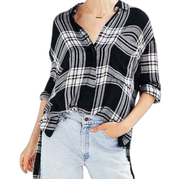 BDG Oversized Black and White Button Up Flannel - Picture 1 of 5